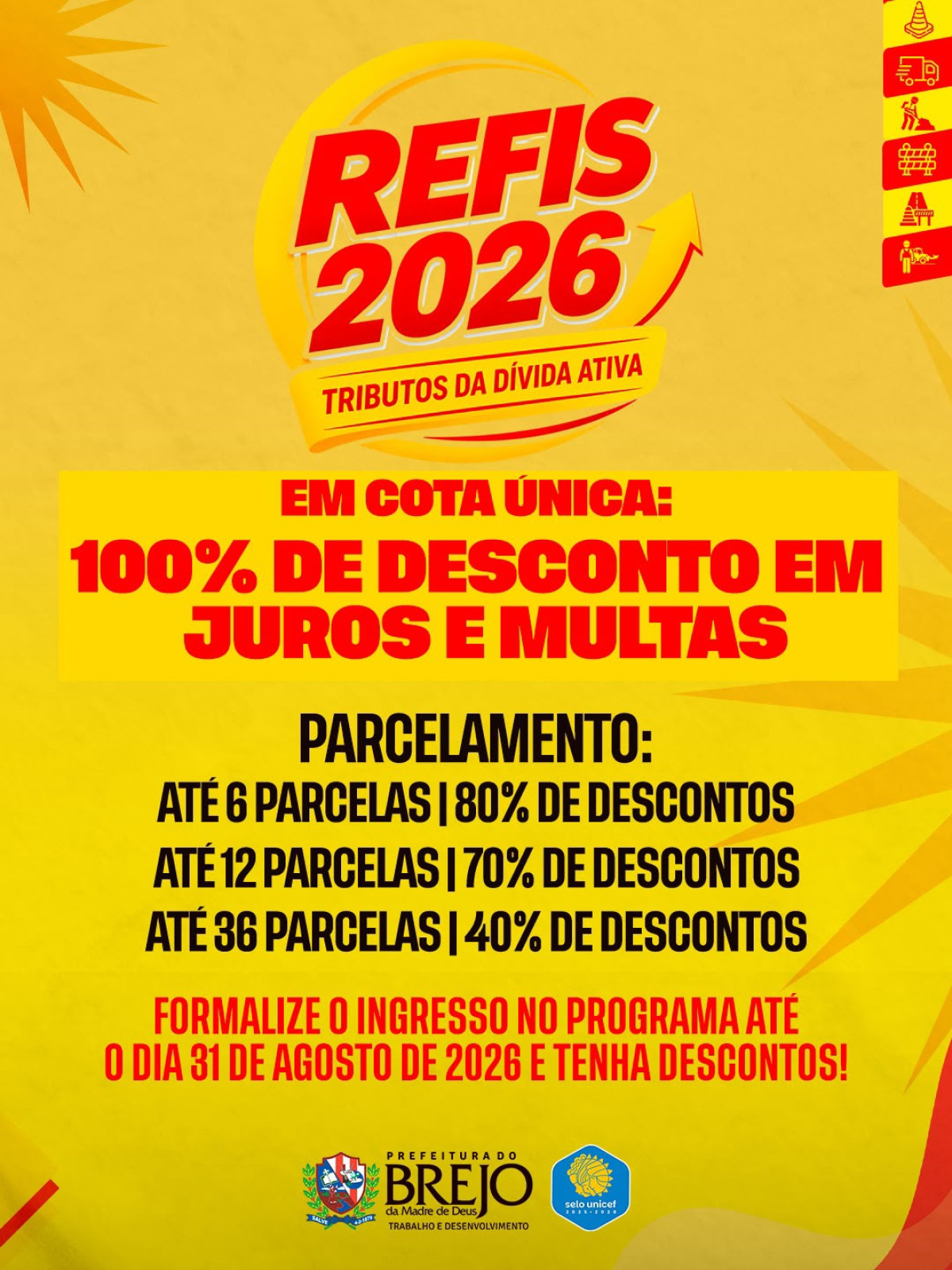 Prefeitura do Brejo da Madre de Deus lança REFIS 2026 com descontos de até 100% em juros e multas 