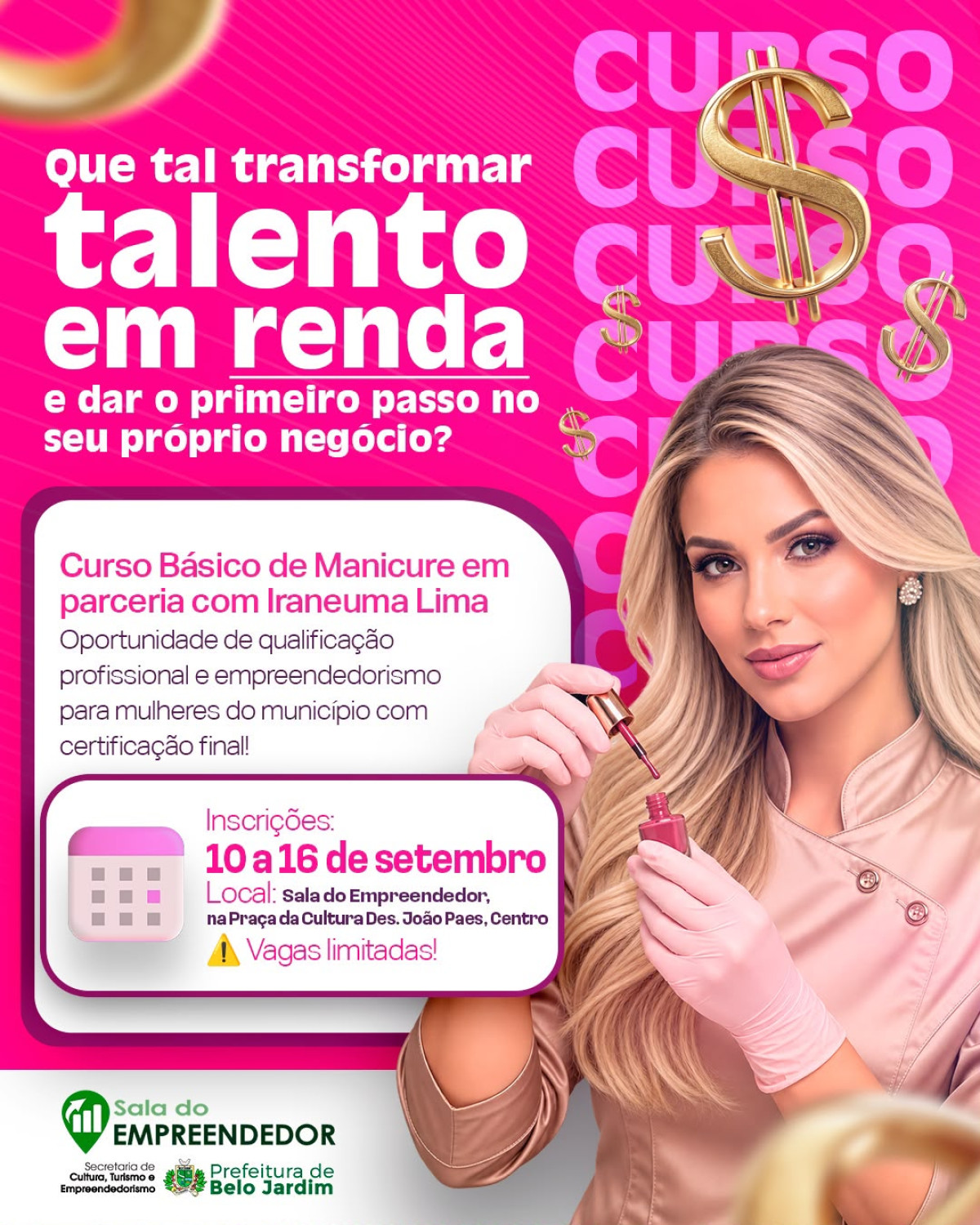 Inscrições abertas para curso básico de manicure da Prefeitura de Belo Jardim, com vagas limitadas; veja como participar