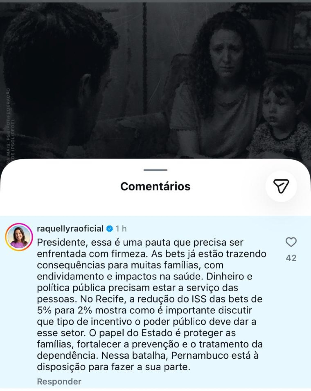 Raquel diz que Pernambuco fará a sua parte na batalha contra os danos causados pelas bets, em comentário de publicação de Lula