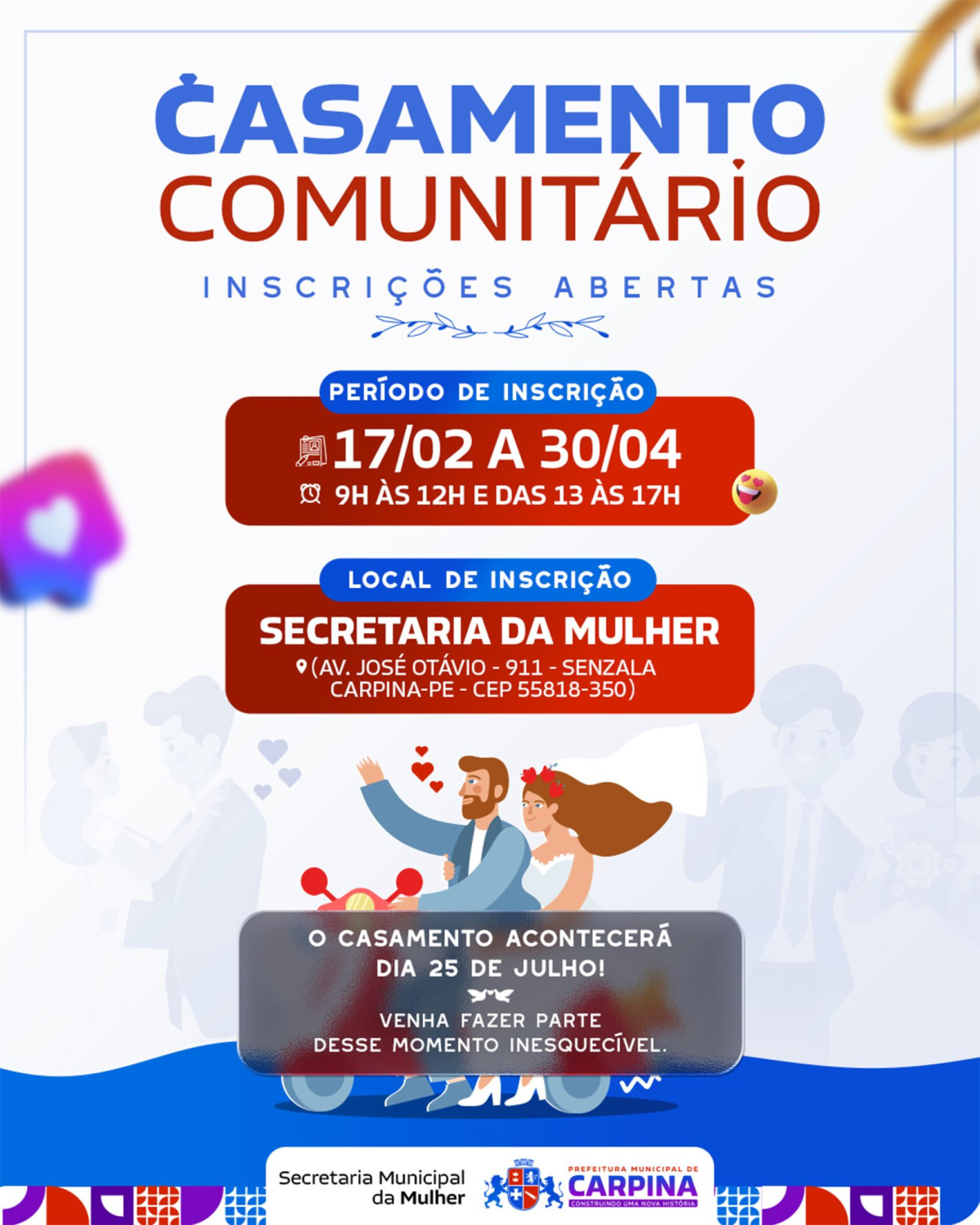 Prefeitura de Carpina abre inscrições para Casamento Comunitário 2026