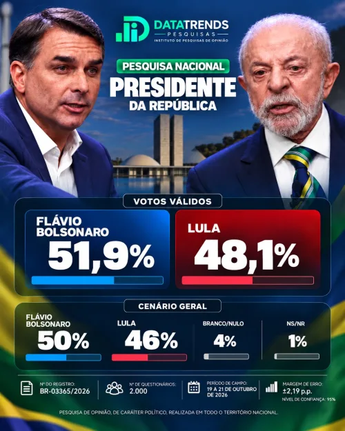DataTrends: Flávio Bolsonaro amplia vantagem sobre Lula e chega a 51,9% dos votos válidos